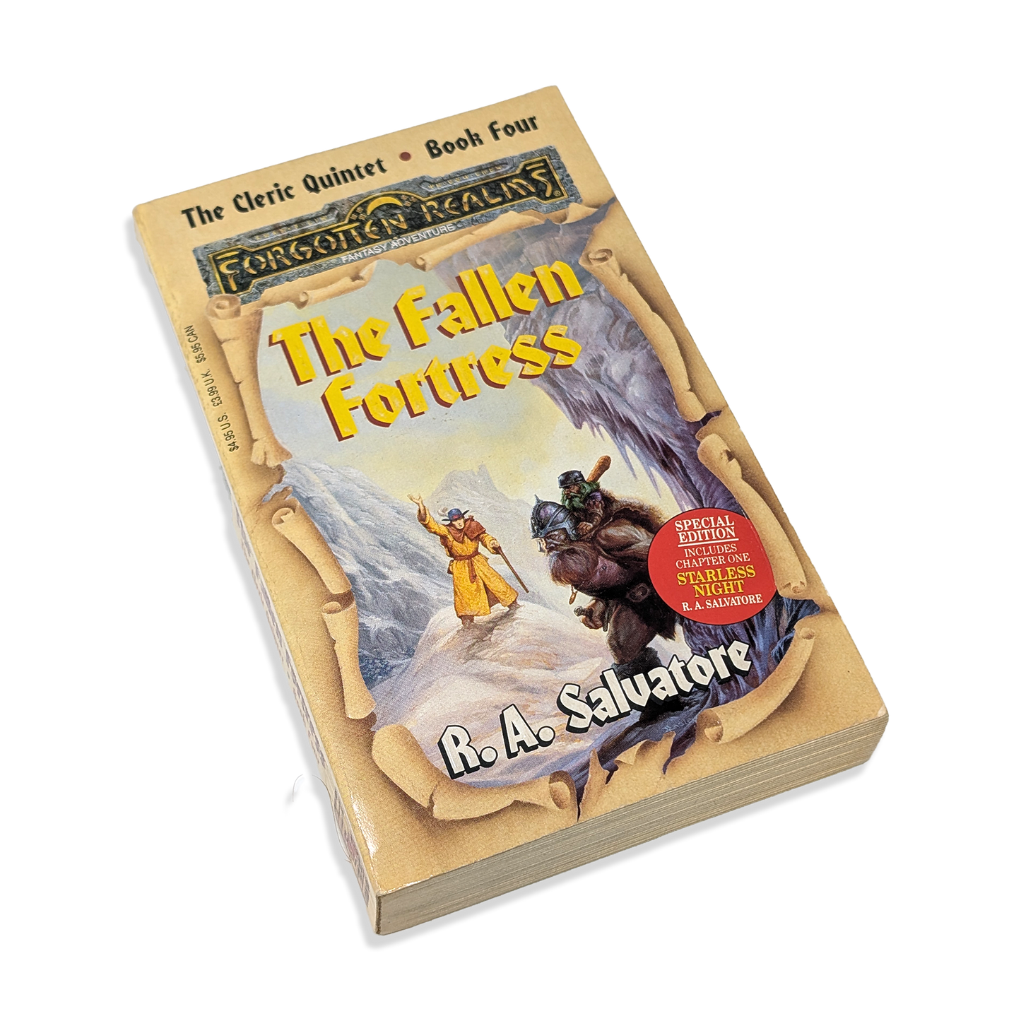 Book titled 'The Fallen Fortress' by R.A. Salvatore on a white background