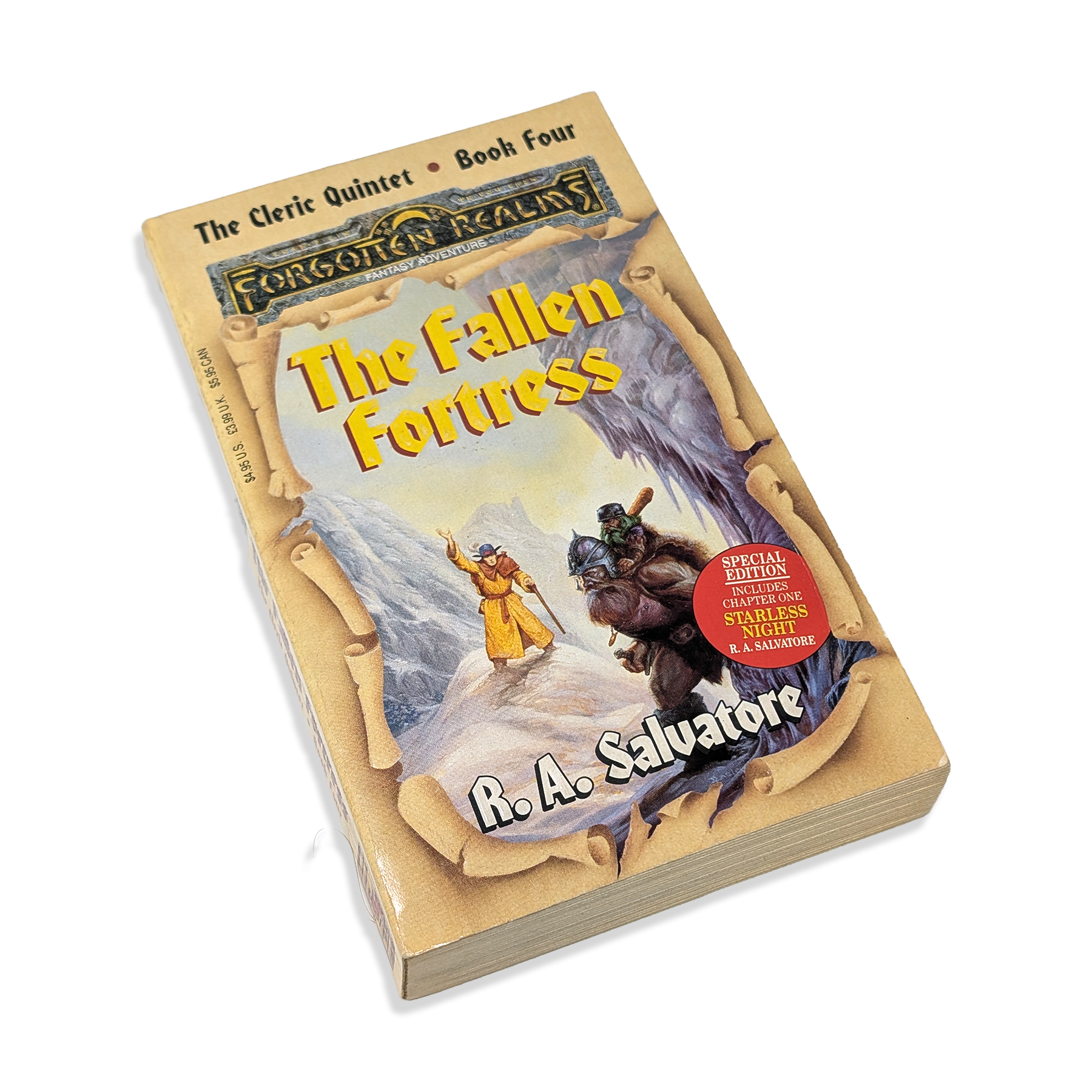 Book titled 'The Fallen Fortress' by R.A. Salvatore on a white background