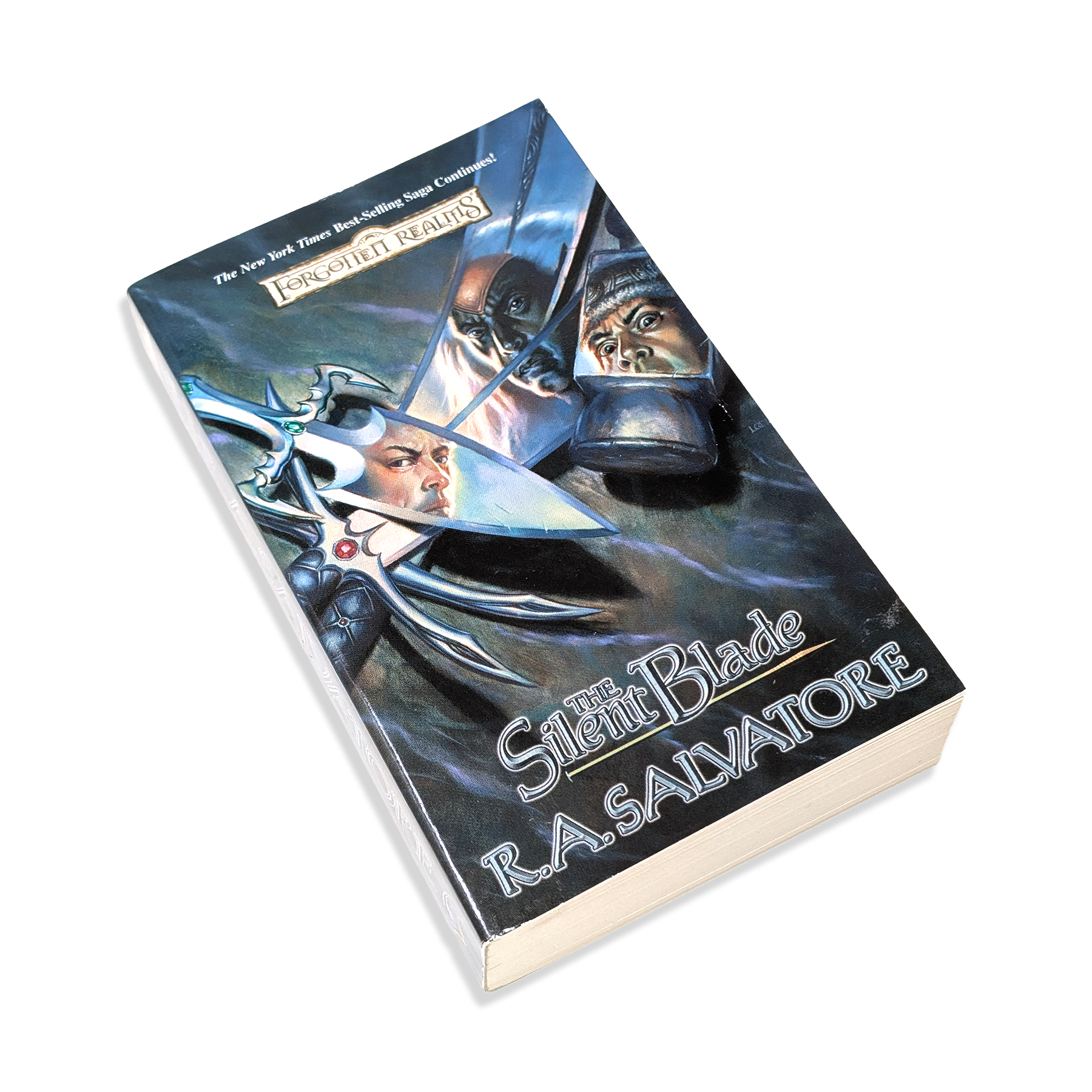 Book titled 'The Silent Blade' by R.A. Salvatore with a fantasy cover on a white background