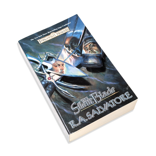Book titled 'The Silent Blade' by R.A. Salvatore with a fantasy cover on a white background