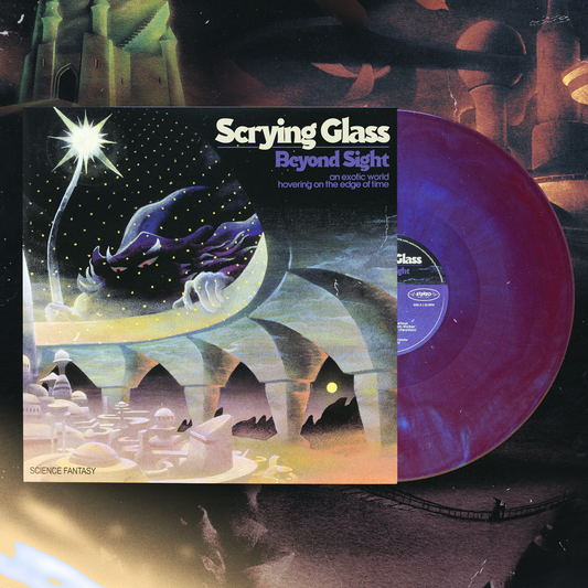  'Scrying Glass Beyond Sight' vinyl record featuring a purple and black gatefold jacket with an artistic depiction of a fantasy landscape.