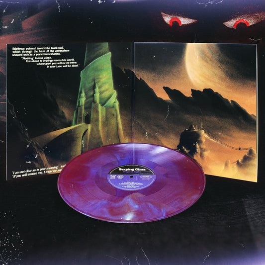  'Scrying Glass Beyond Sight' vinyl with gatefold open featuring a purple and black gatefold jacket with an artistic depiction of a fantasy landscape.