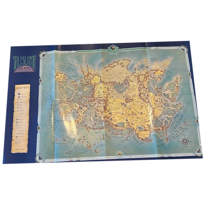 A vintage-style fantasy map poster titled 'Telsilint' with a blue border and a detailed map of a fantasy continent in the center, shown against a plain white background.