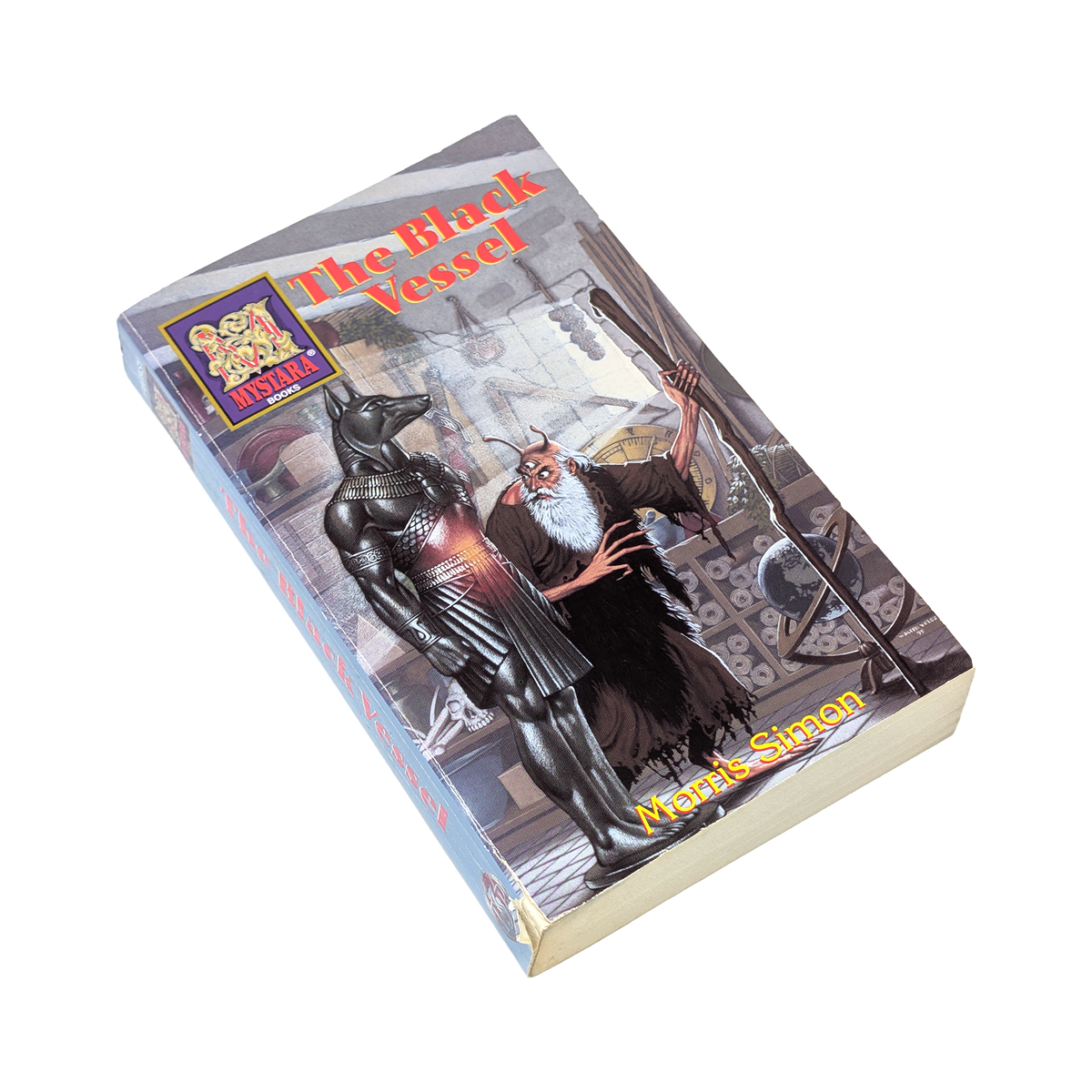 The Black Vessel hardcover book by Mark Simon, featuring fantasy cover art with a black armored figure and an old man, published by Avalon Books.