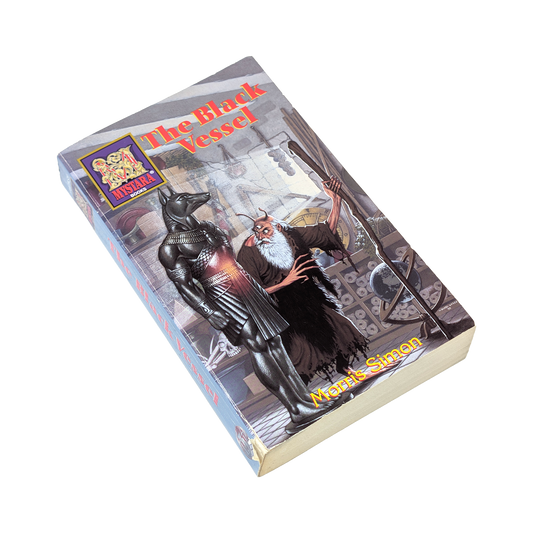 The Black Vessel hardcover book by Mark Simon, featuring fantasy cover art with a black armored figure and an old man, published by Avalon Books.
