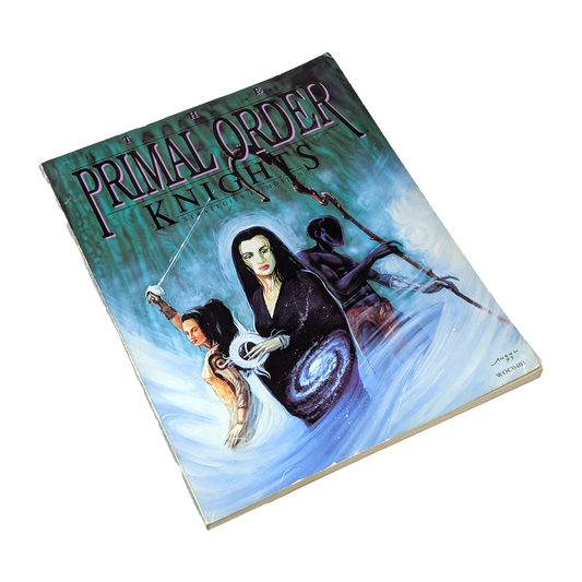The Primal Order Knights of the Eternal Throne comic book, issue #2, featuring fantasy cover art with a central female figure in a dark cloak and a knight in armor, photographed on a white background.