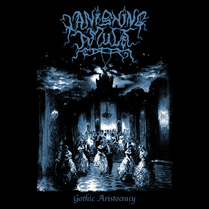Shirt design with a gothic scene of people dancing in a dimly lit room, featuring the band's name Vanishing Amulet at the top. The design is blue and white on a black background.