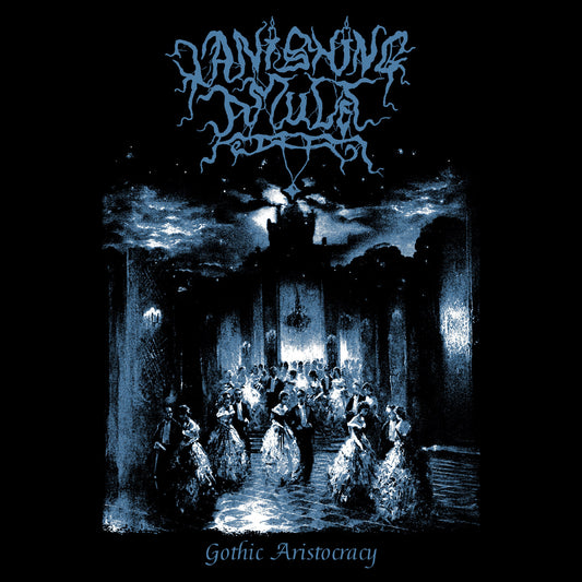 Shirt design with a gothic scene of people dancing in a dimly lit room, featuring the band's name Vanishing Amulet at the top. The design is blue and white on a black background.