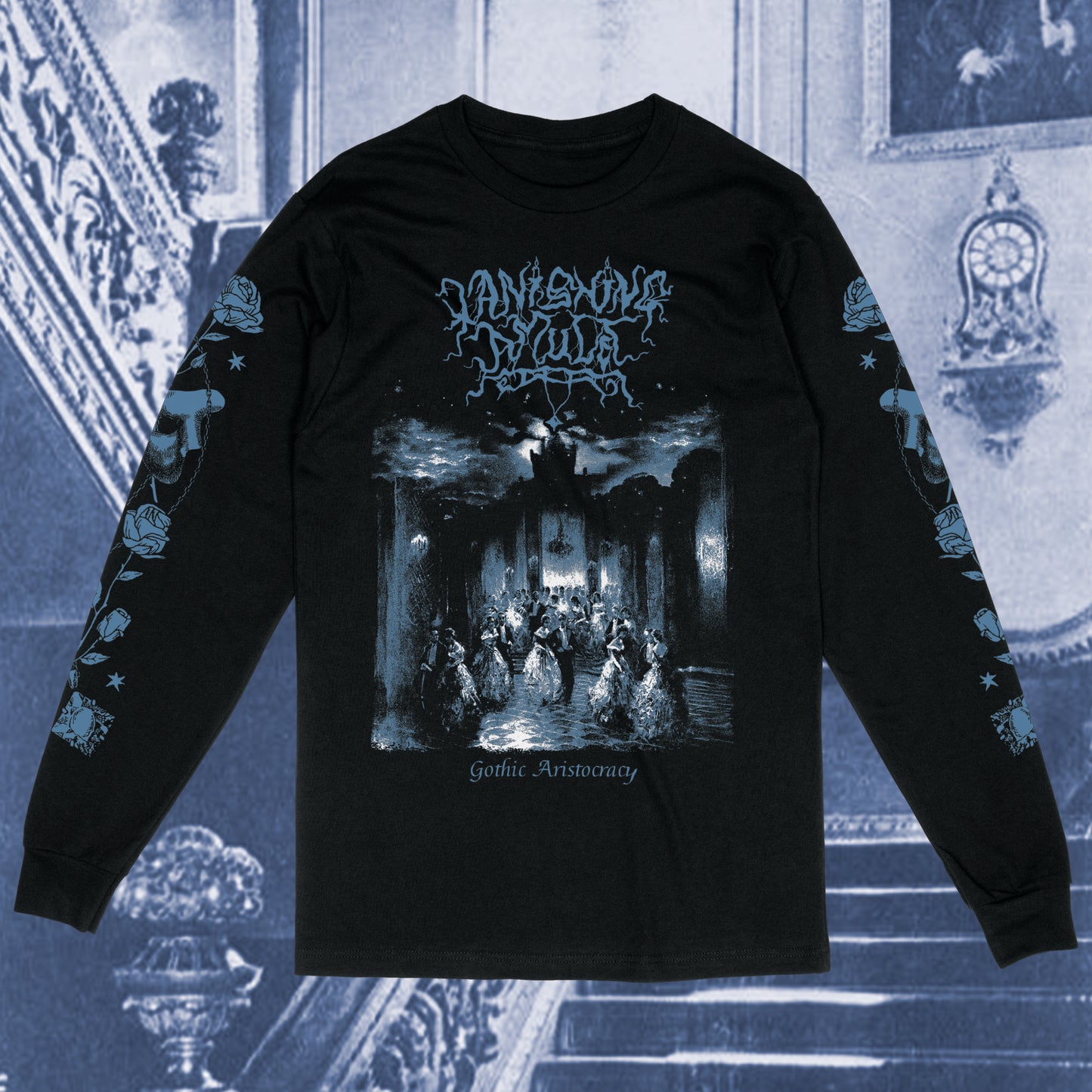 Black Vanishing Amulet long sleeve t-shirt featuring a graphic of victorian era dancers below a dark castle. The left and right sleeve show masquerade type maskes tangled in roses. The deisng is blue and white. Against a blue vintage background. 
