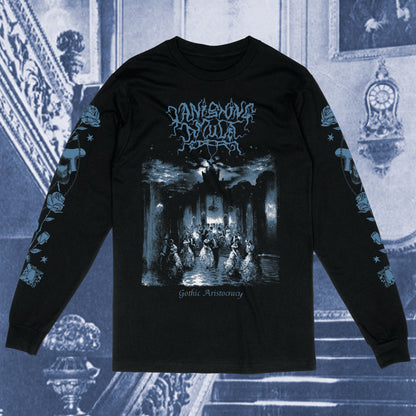 Black Vanishing Amulet long sleeve t-shirt featuring a graphic of victorian era dancers below a dark castle. The left and right sleeve show masquerade type maskes tangled in roses. The deisng is blue and white. Against a blue vintage background. 
