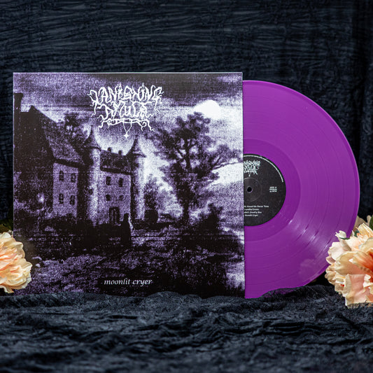 Vanishing Amulet "Moonlit Cryer" Purple vinyl record in standard purple. The cover shows a lonely man in front of a castle at night. Set against a black backdrop with flowers.