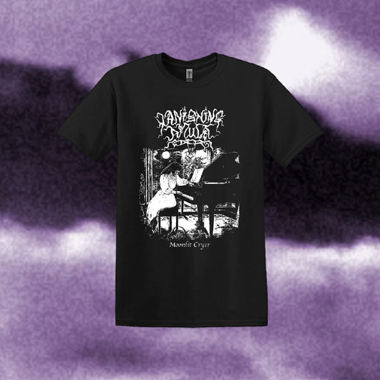 Black T-Shirt with Vanishing Amulet logo printed in white and an image of a mourning woman playing the piano. On a purple cloudy backdrop.