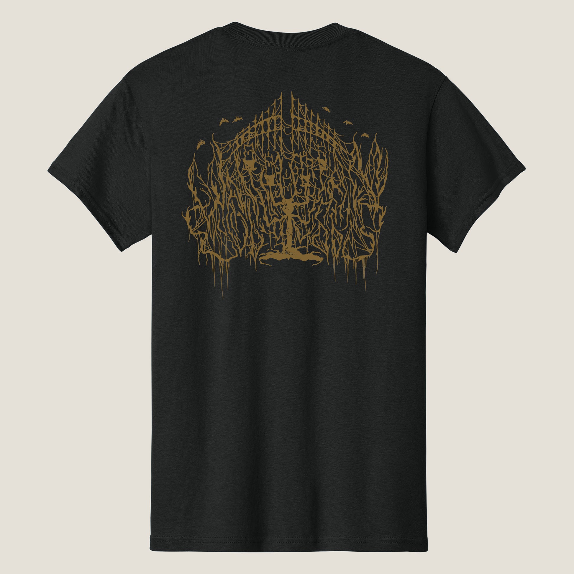Back of a black t-shirt featuring the Wallachian Cobwebs logo in brown ink.