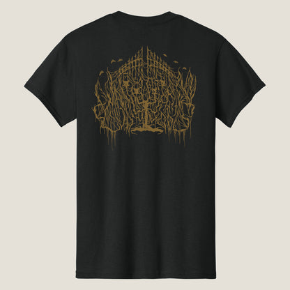 Back of a black t-shirt featuring the Wallachian Cobwebs logo in brown ink.