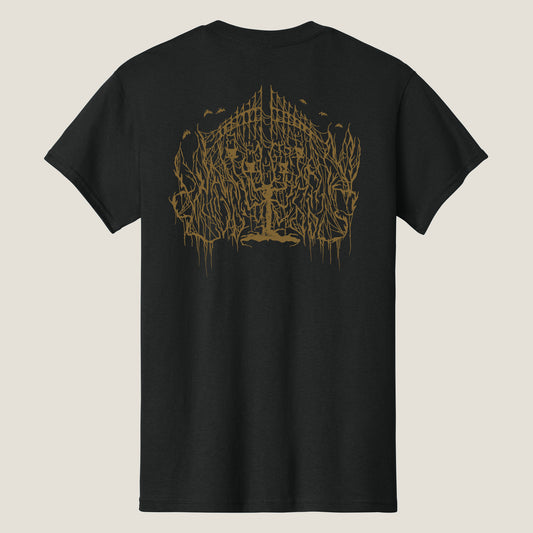 Back of a black t-shirt featuring the Wallachian Cobwebs logo in brown ink.
