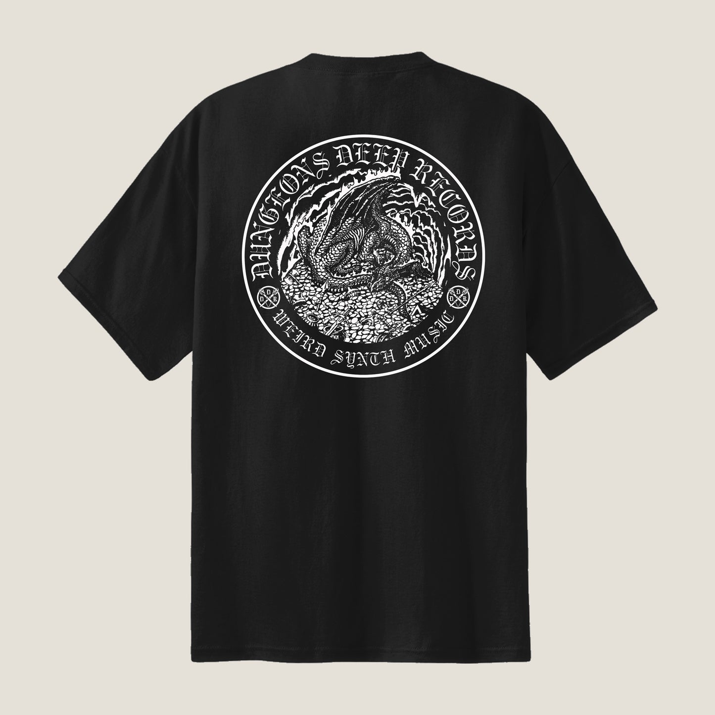 Black T-shirt with a dragon illustration and text on the back, screen printed in white ink. The text reads "Dungeons Deep Records Weird Fantasy Music"