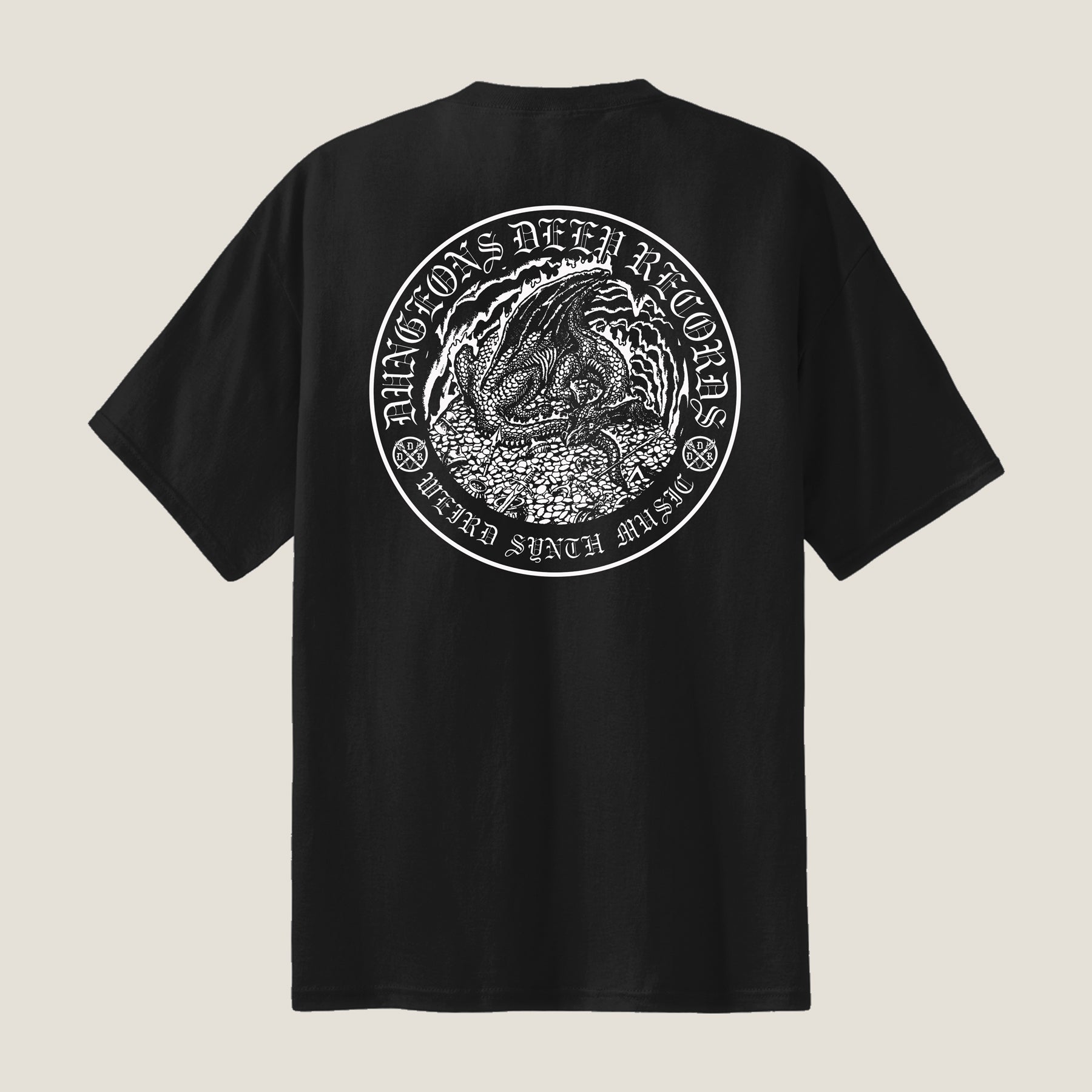 Black T-shirt with a dragon illustration and text on the back, screen printed in white ink. The text reads "Dungeons Deep Records Weird Fantasy Music"