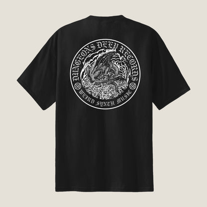 Black T-shirt with a dragon illustration and text on the back, screen printed in white ink. The text reads "Dungeons Deep Records Weird Fantasy Music"