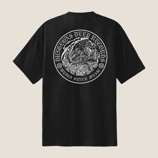 Black T-shirt with a dragon illustration and text on the back, screen printed in white ink. The text reads "Dungeons Deep Records Weird Fantasy Music"