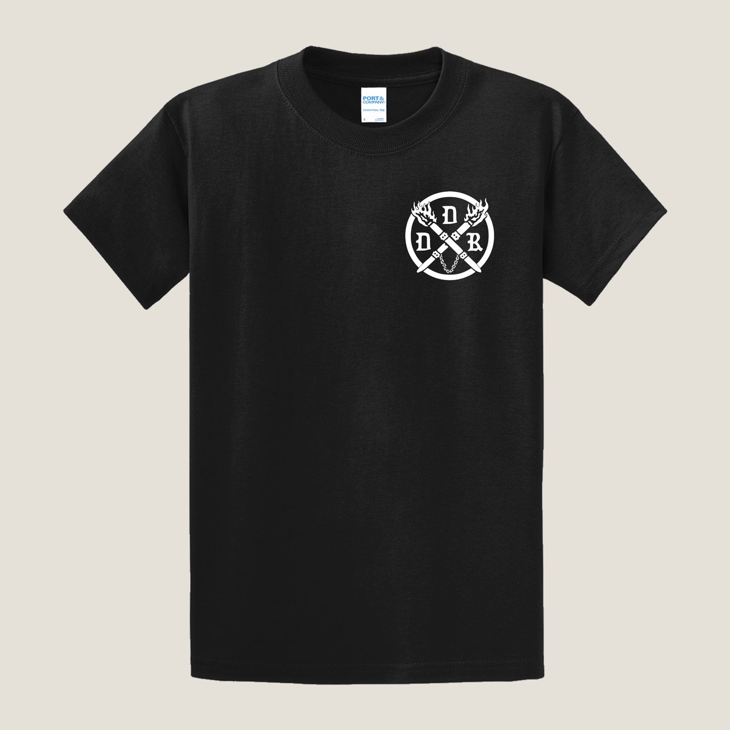 Black t-shirt with white logo on a light gray background. The front left chest is imprinted with the Dungeons Deep Records crossed torch emblem.