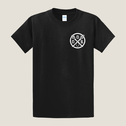 Black t-shirt with white logo on a light gray background. The front left chest is imprinted with the Dungeons Deep Records crossed torch emblem.
